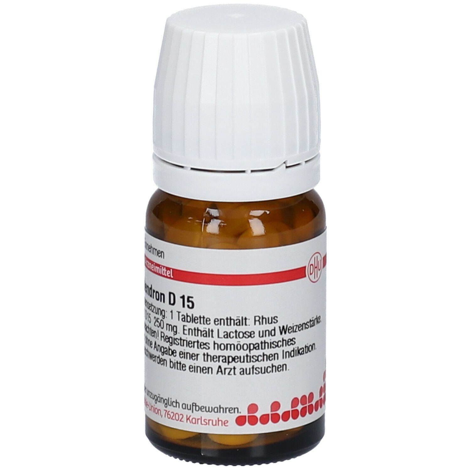 Braune Glasflasche mit weißem Deckel. Etikett mit Produktinformationen: Rhus toxicodendron D15, DHU Logo.