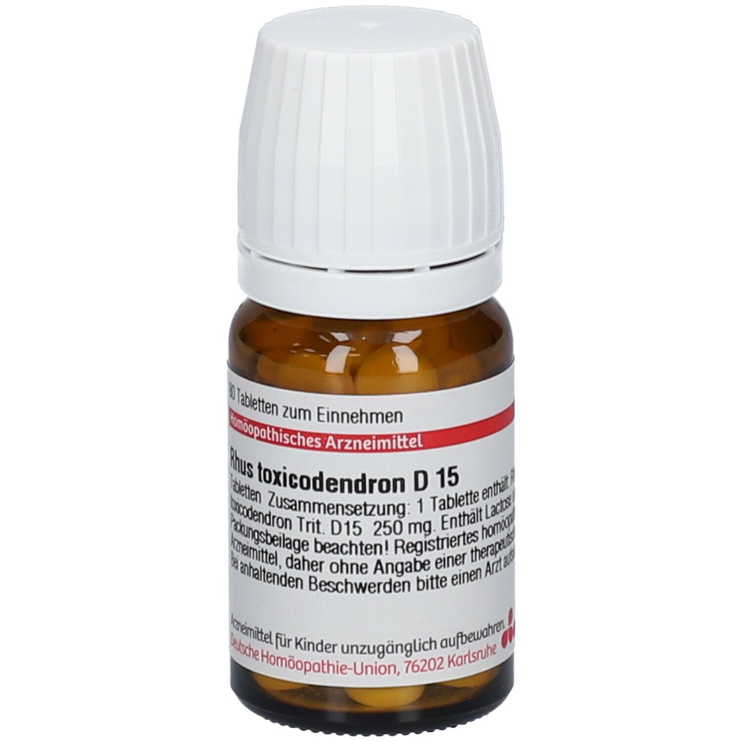 Braune Glasflasche mit weißem Deckel. Etikett mit Produktinformationen: Rhus toxicodendron D15, 80 Tabletten.
