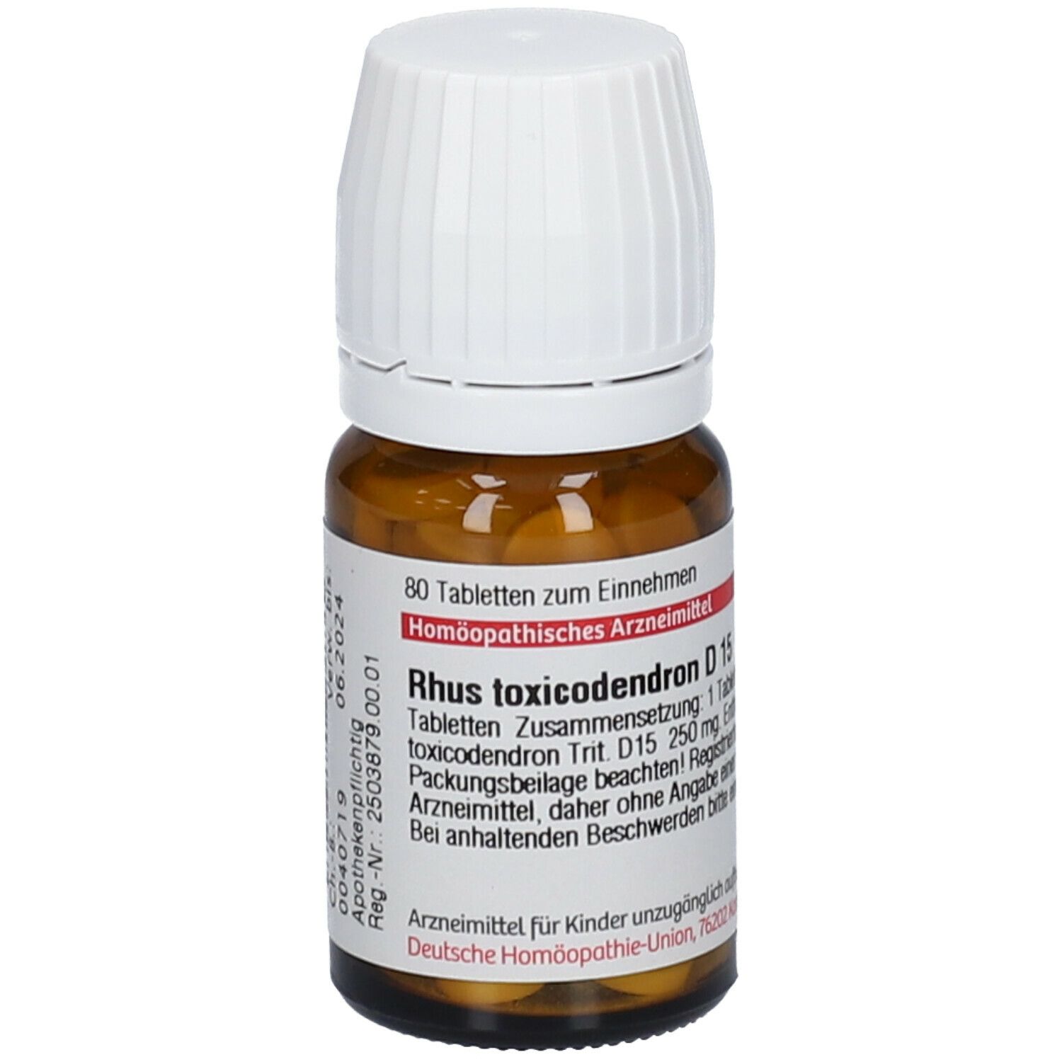 Braune Glasflasche mit weißem Deckel. Etikett mit Produktinformationen: Rhus toxicodendron D15, 80 Tabletten.