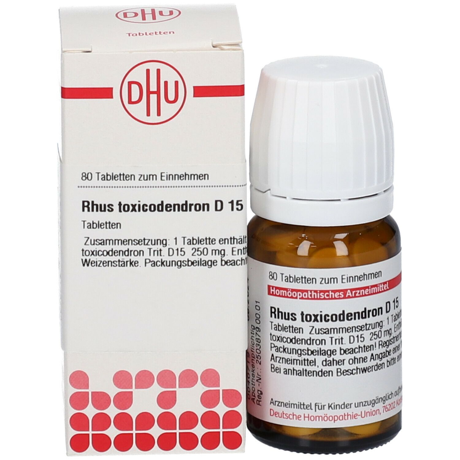 Produktverpackung mit Flasche und Schachtel. Auf der Schachtel: DHU Logo, Rhus toxicodendron D15, 80 Tabletten.