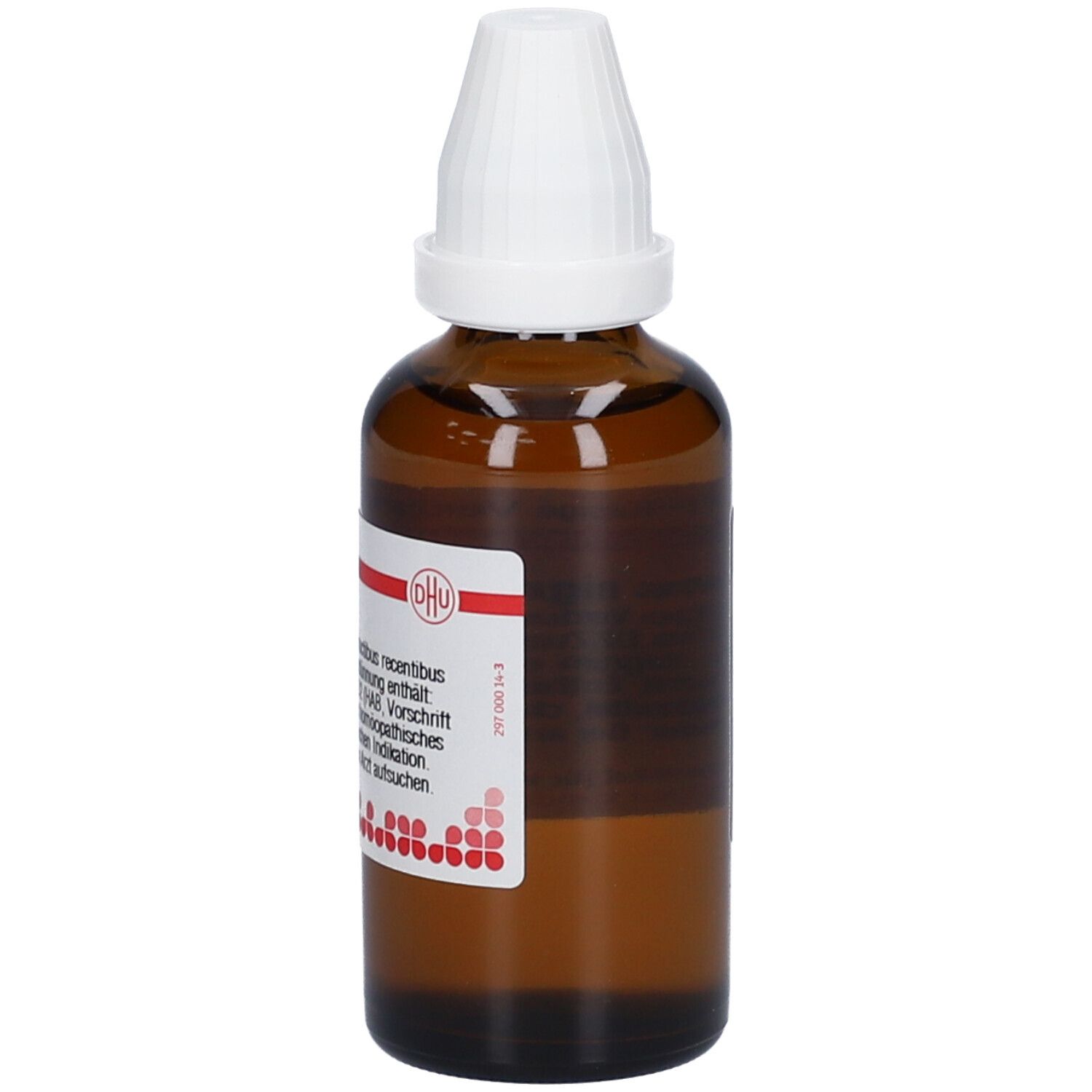 Braune Glasflasche mit weißem Verschluss. Etikett mit Produktinformationen. Aufschrift: Ribes nigrum D2. Homöopathisches Arzneimittel.