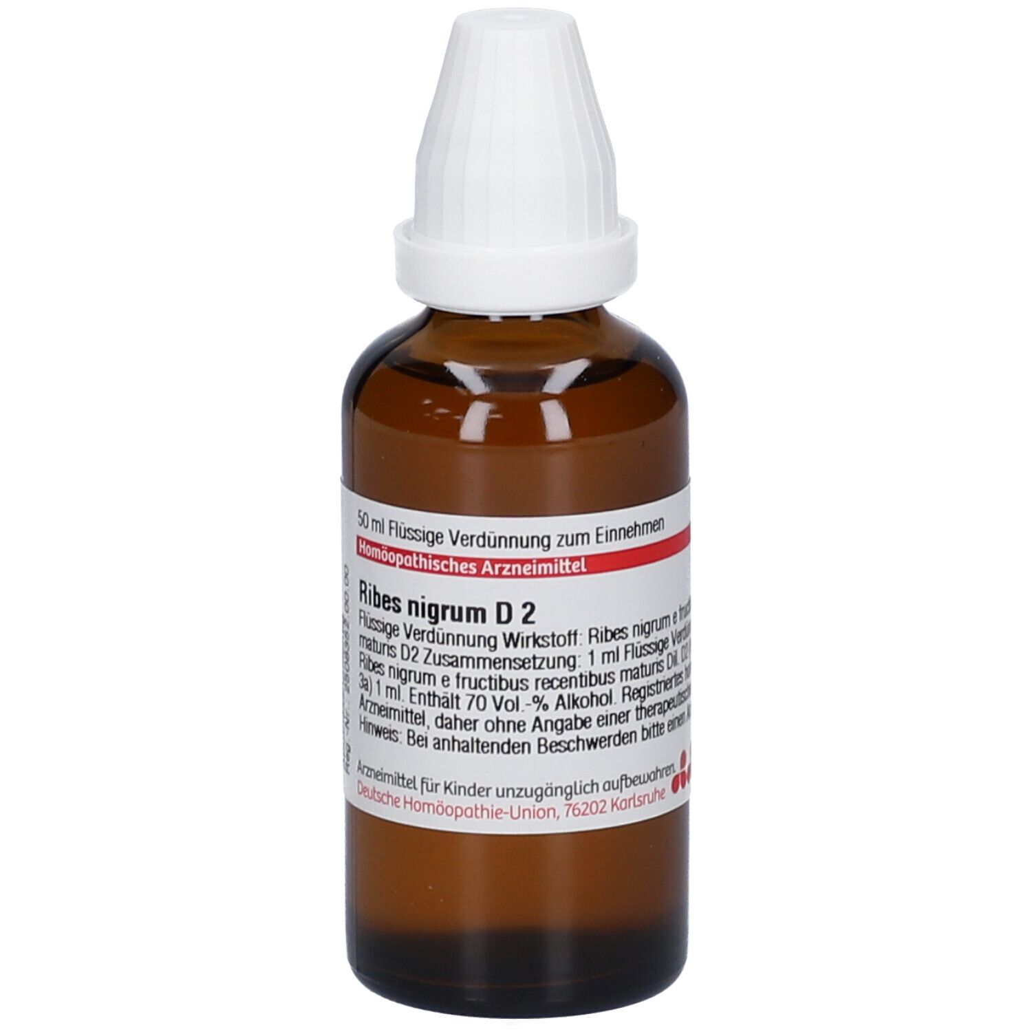 Braune Glasflasche mit weißem Verschluss. Etikett mit Produktinformationen. Aufschrift: Ribes nigrum D2. Homöopathisches Arzneimittel.