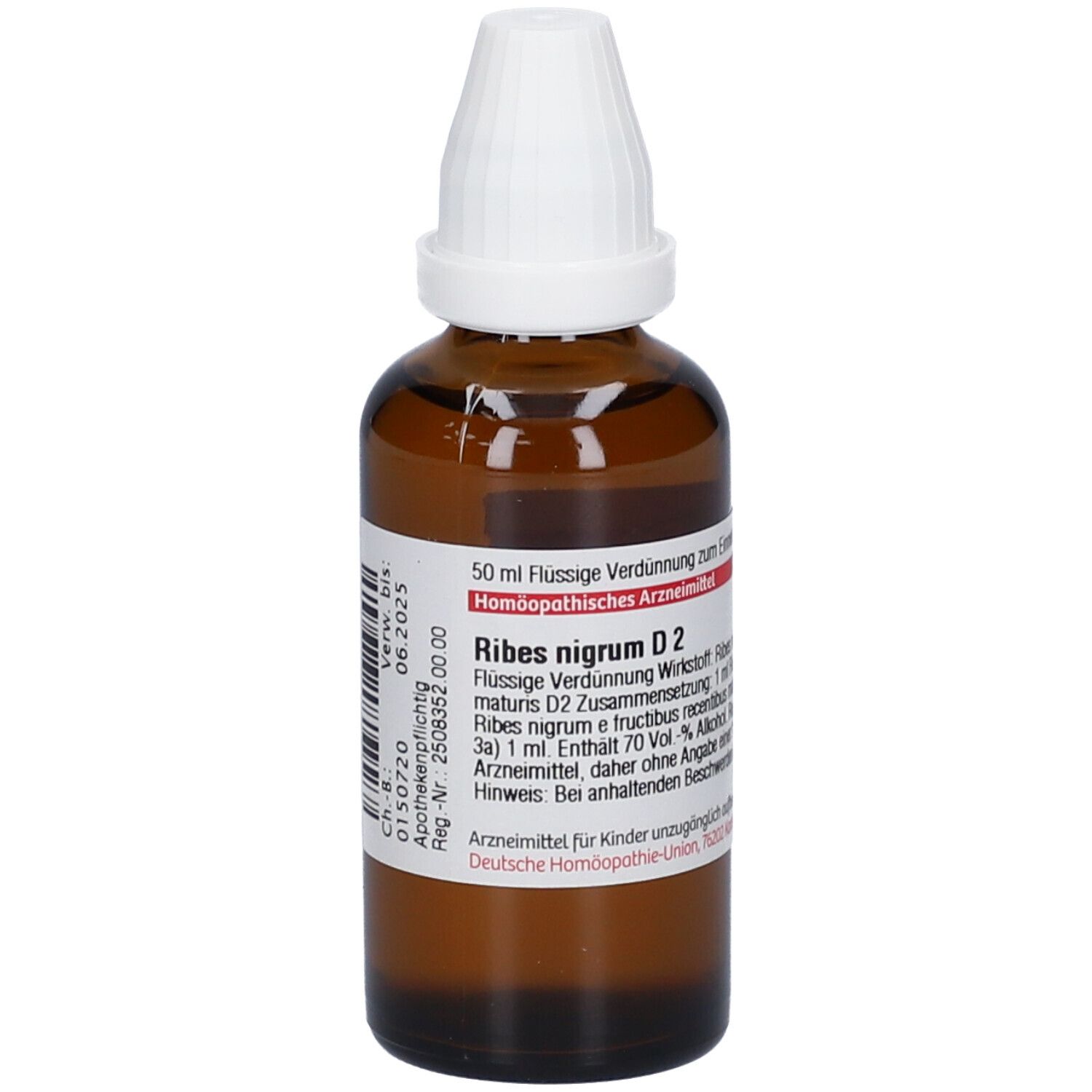 Braune Glasflasche mit weißem Verschluss. Etikett mit Produktinformationen. Aufschrift: Ribes nigrum D2. Homöopathisches Arzneimittel.