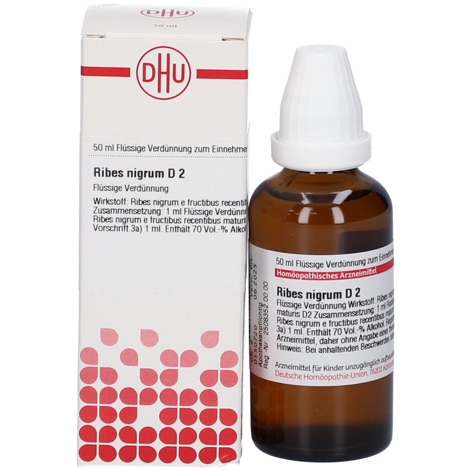 Braune Glasflasche mit weißem Verschluss und Karton. Aufschrift: DHU, Ribes nigrum D2. Homöopathisches Arzneimittel.