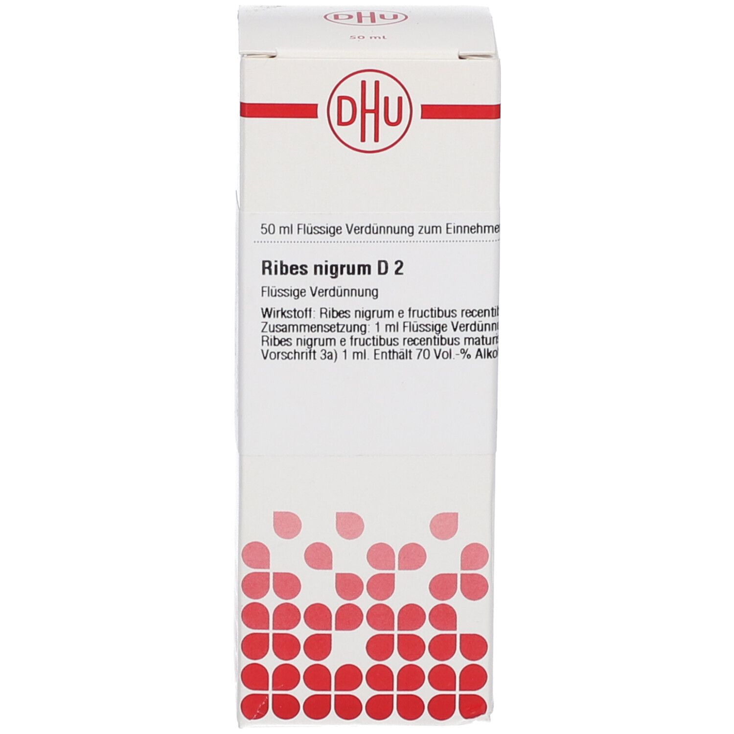Weißer Karton mit rotem Muster. Aufschrift: DHU, Ribes nigrum D2. Homöopathisches Arzneimittel.