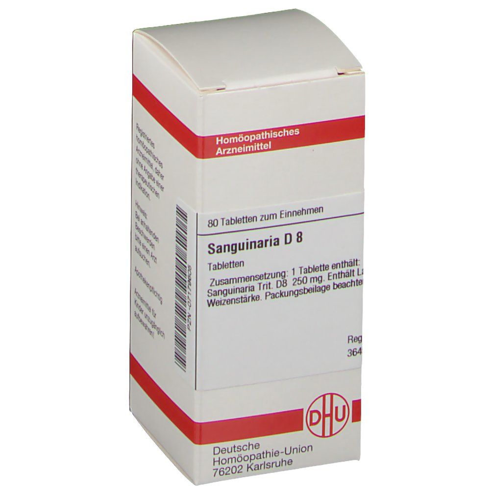 Weiße Tablettenbox mit roter Umrandung. Aufschrift: Sanguinaria D 8, 80 Tabletten. Logo: DHU. Homöopathisches Arzneimittel.
