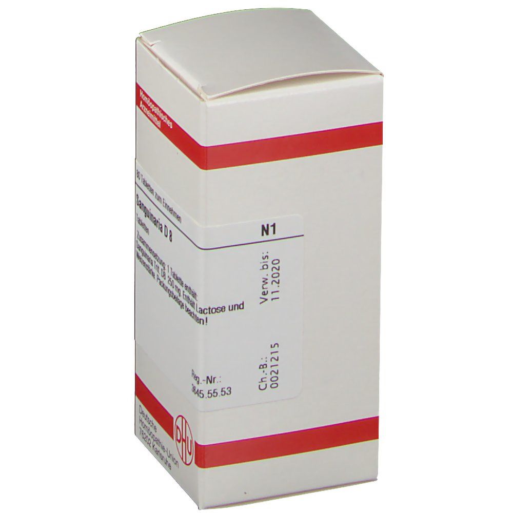 Tablettenbox, weiß mit roter Umrandung. Aufschrift: Sanguinaria D 8. Verwendbar bis 11.2020. Logo: DHU. Homöopathisches Arzneimittel.