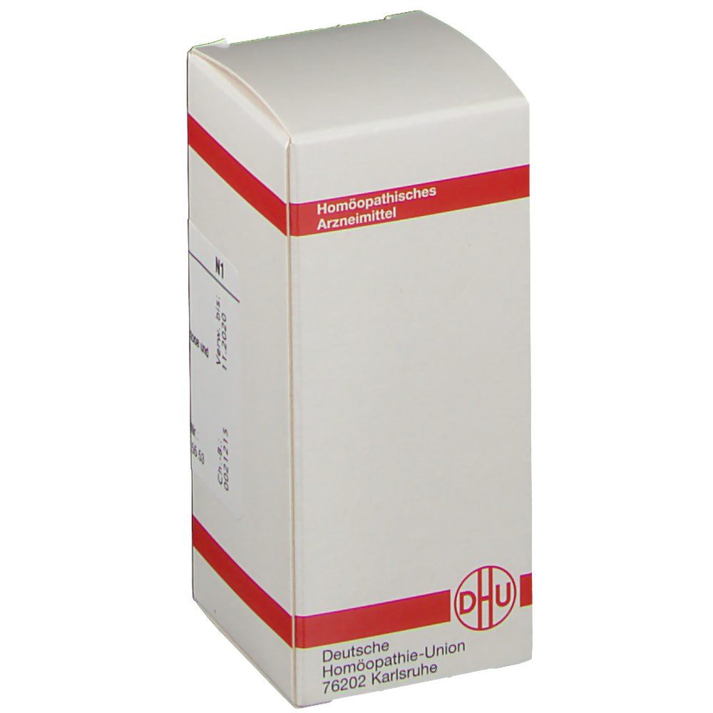 Weiße Tablettenbox mit roter Umrandung. Aufschrift: Homöopathisches Arzneimittel. Logo: DHU. Adresse: 76202 Karlsruhe.