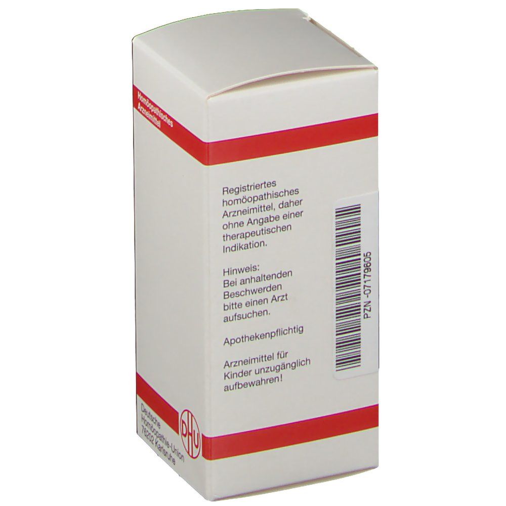 Tablettenbox, weiß mit roter Umrandung. Aufschrift: Homöopathisches Arzneimittel. Hinweis: Bei Beschwerden Arzt aufsuchen. Logo: DHU.