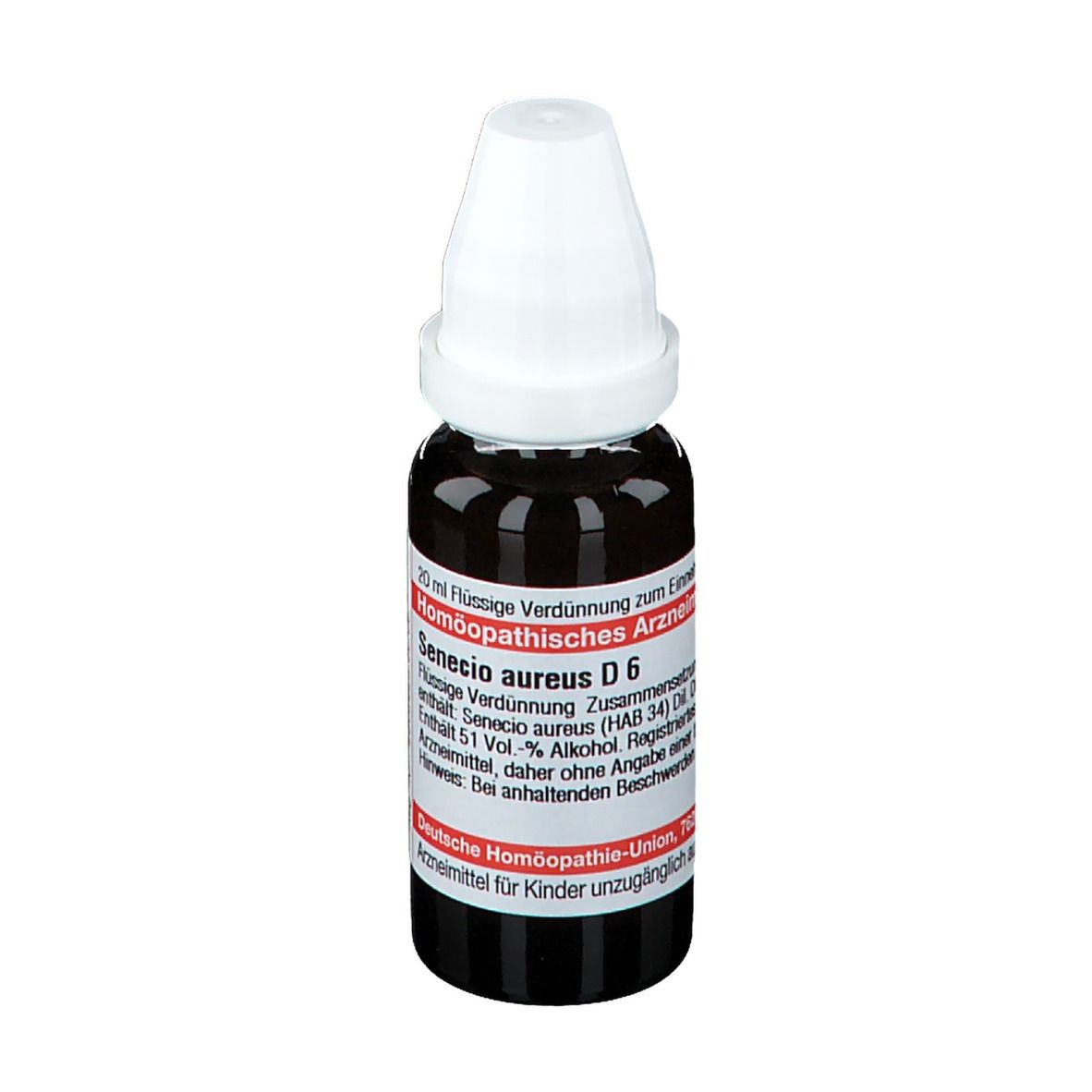 Braune Glasflasche mit weißem Verschluss. Etikett mit Text: Senecio aureus D6. Deutsche Homöopathie-Union.