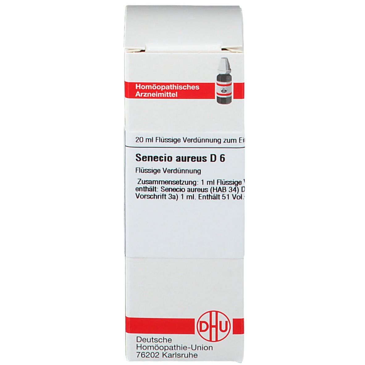 Verpackung mit Text: Senecio aureus D6. DHU. Flasche im Inneren sichtbar.
