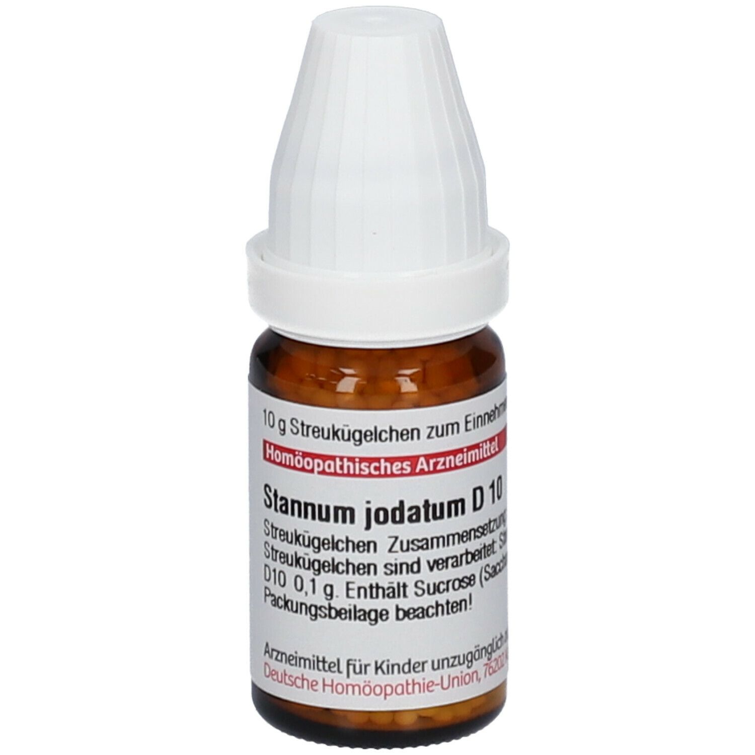 Braune Glasflasche mit weißem Deckel. Beschriftung: Stannum jodatum D10, 10g Streukügelchen. Homöopathisches Arzneimittel.
