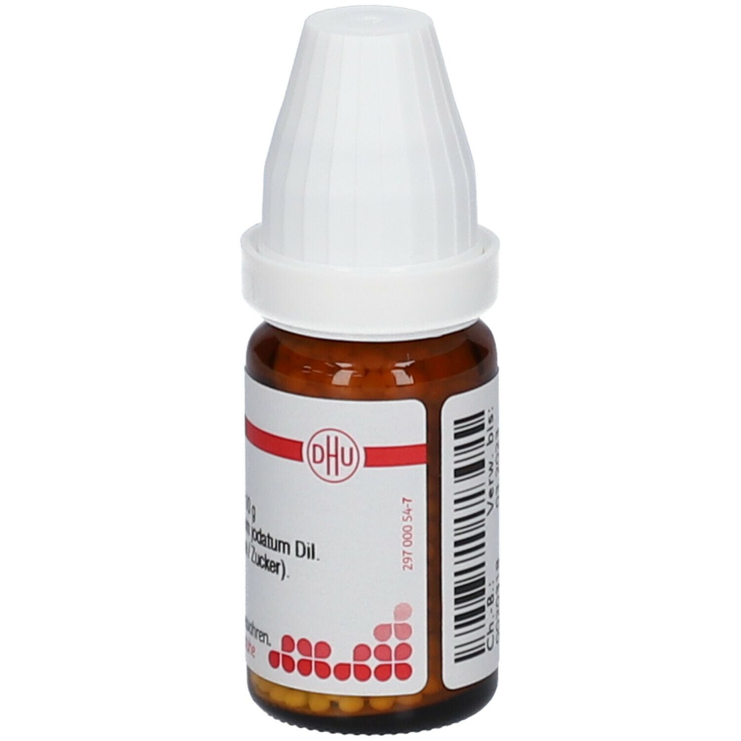 Braune Glasflasche mit weißem Deckel. Beschriftung: DHU, Stannum jodatum D10, 10g Streukügelchen. Homöopathisches Arzneimittel.