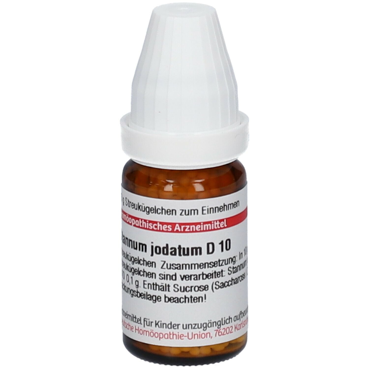 Braune Glasflasche mit weißem Deckel. Beschriftung: Stannum jodatum D10, 10g Streukügelchen. Homöopathisches Arzneimittel. Zusammensetzung.