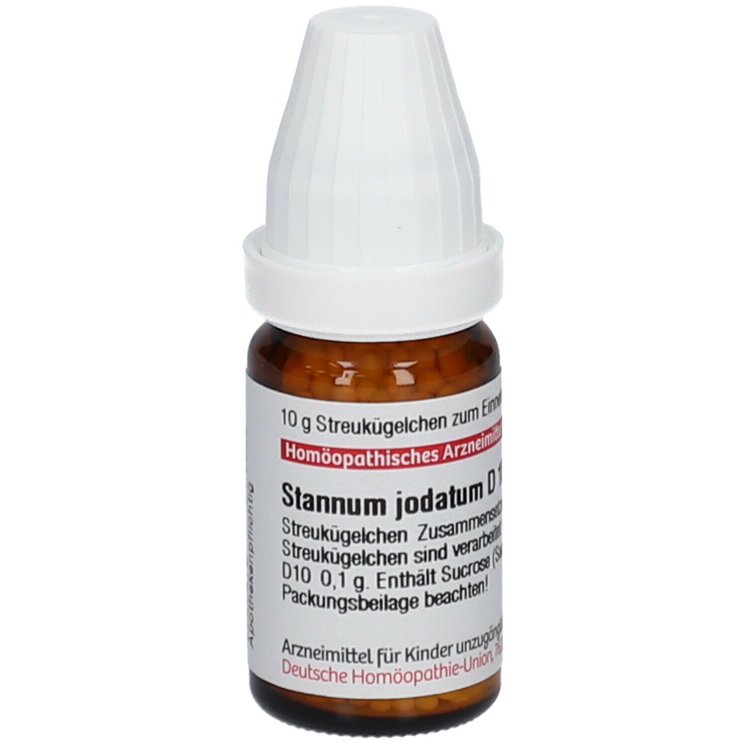 Braune Glasflasche mit weißem Deckel. Beschriftung: Stannum jodatum D10, 10g Streukügelchen. Homöopathisches Arzneimittel.