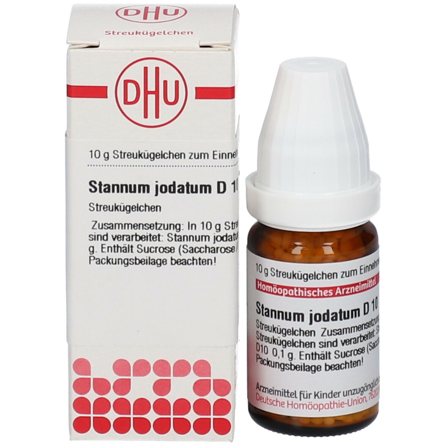 Produkt und Verpackung. Braune Flasche mit weißem Deckel und Karton. Beschriftung: DHU, Stannum jodatum D10, 10g Streukügelchen.