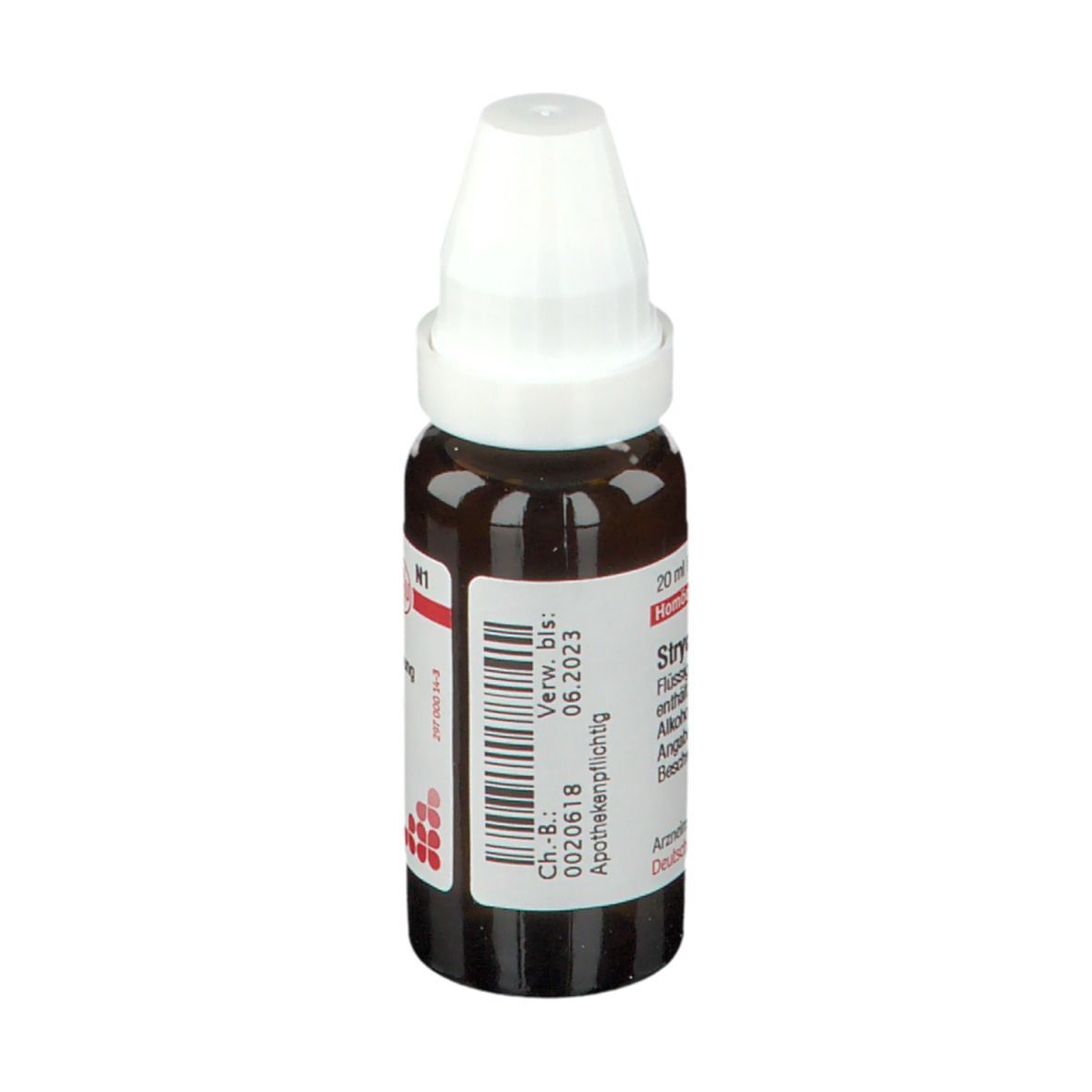 Braune Glasflasche mit weißem Verschluss. Etikett mit Text, Chargennummer und Verfallsdatum.