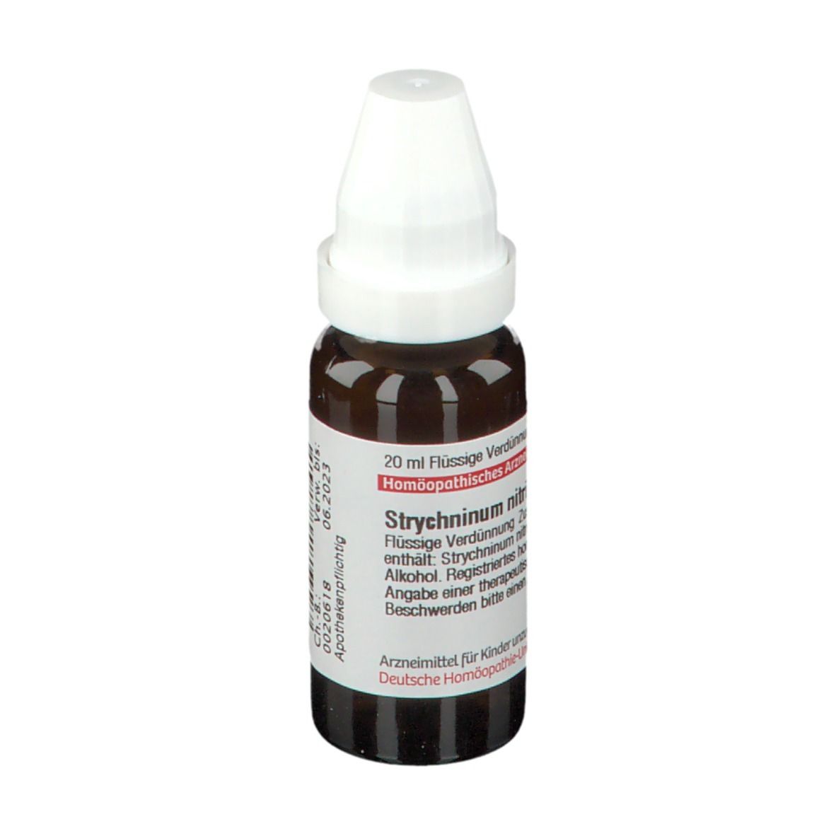 Braune Glasflasche mit weißem Verschluss. Etikett mit Text: "Strychninum nitricum".