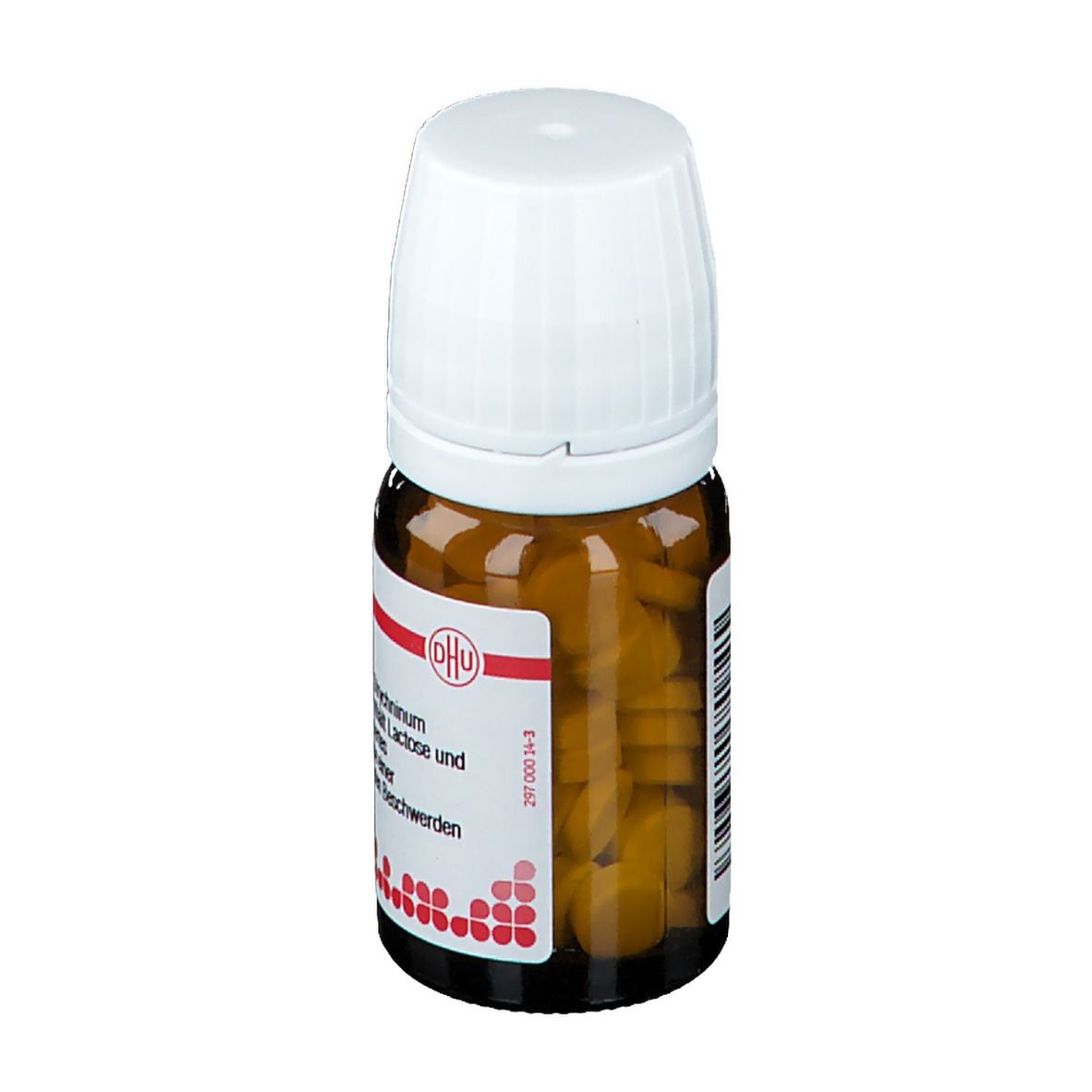 Braune Glasflasche mit weißem Deckel. Enthält Tabletten. Etikett mit Text: Strychninum. DHU Logo.