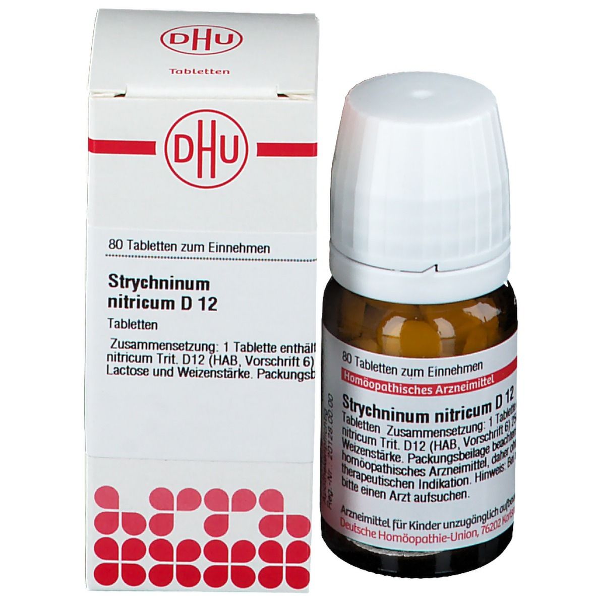 Produktverpackung und Flasche. Verpackung mit Text: Strychninum nitricum D 12. DHU Logo. Braune Flasche mit Tabletten.