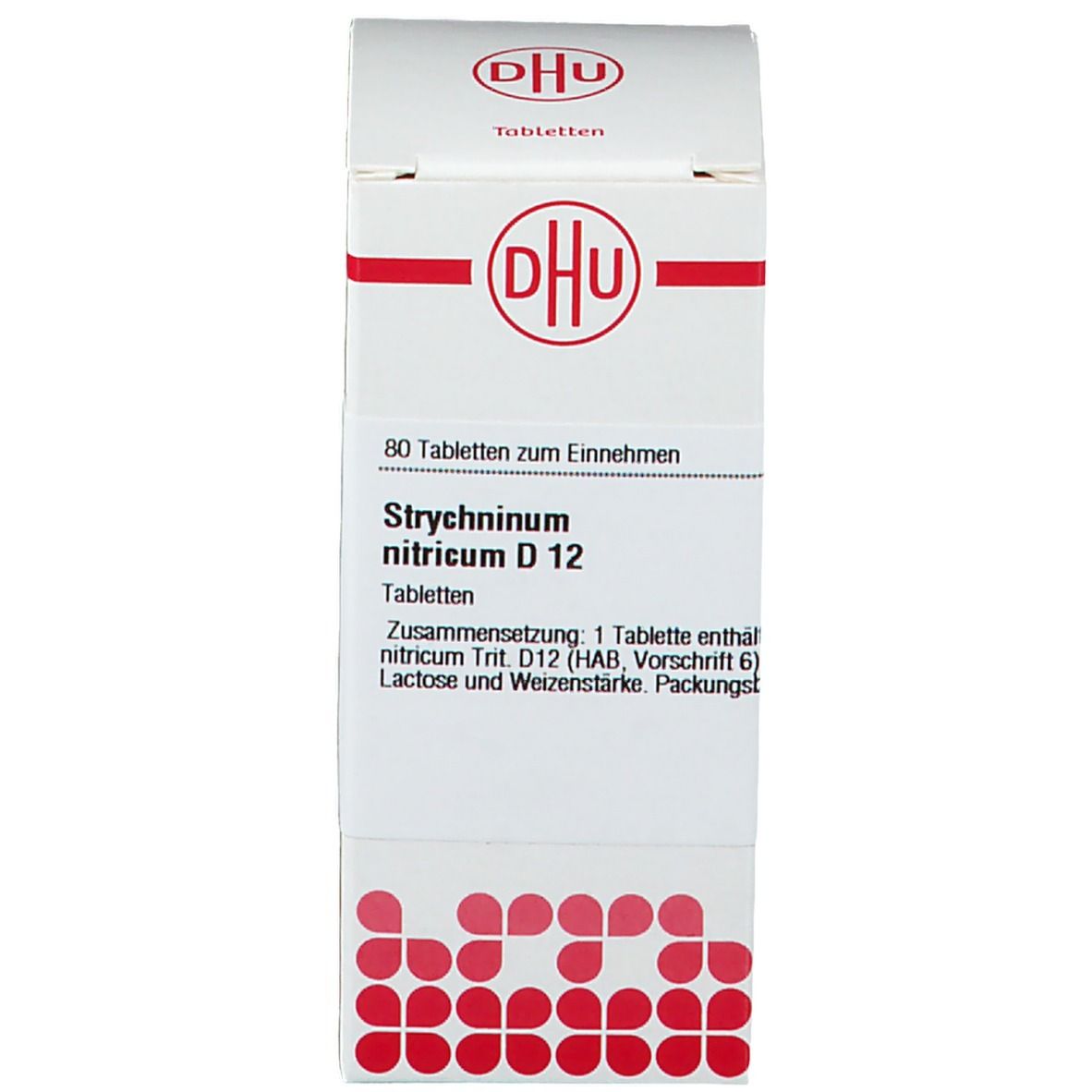 Produktverpackung. Text: Strychninum nitricum D 12. DHU Logo. Enthält Tabletten.