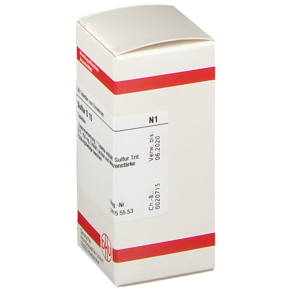 Weiße Schachtel mit rotem Streifen. Beschriftung: Sulfur D 15, N1. Verfallsdatum 06.2020. DHU-Logo.