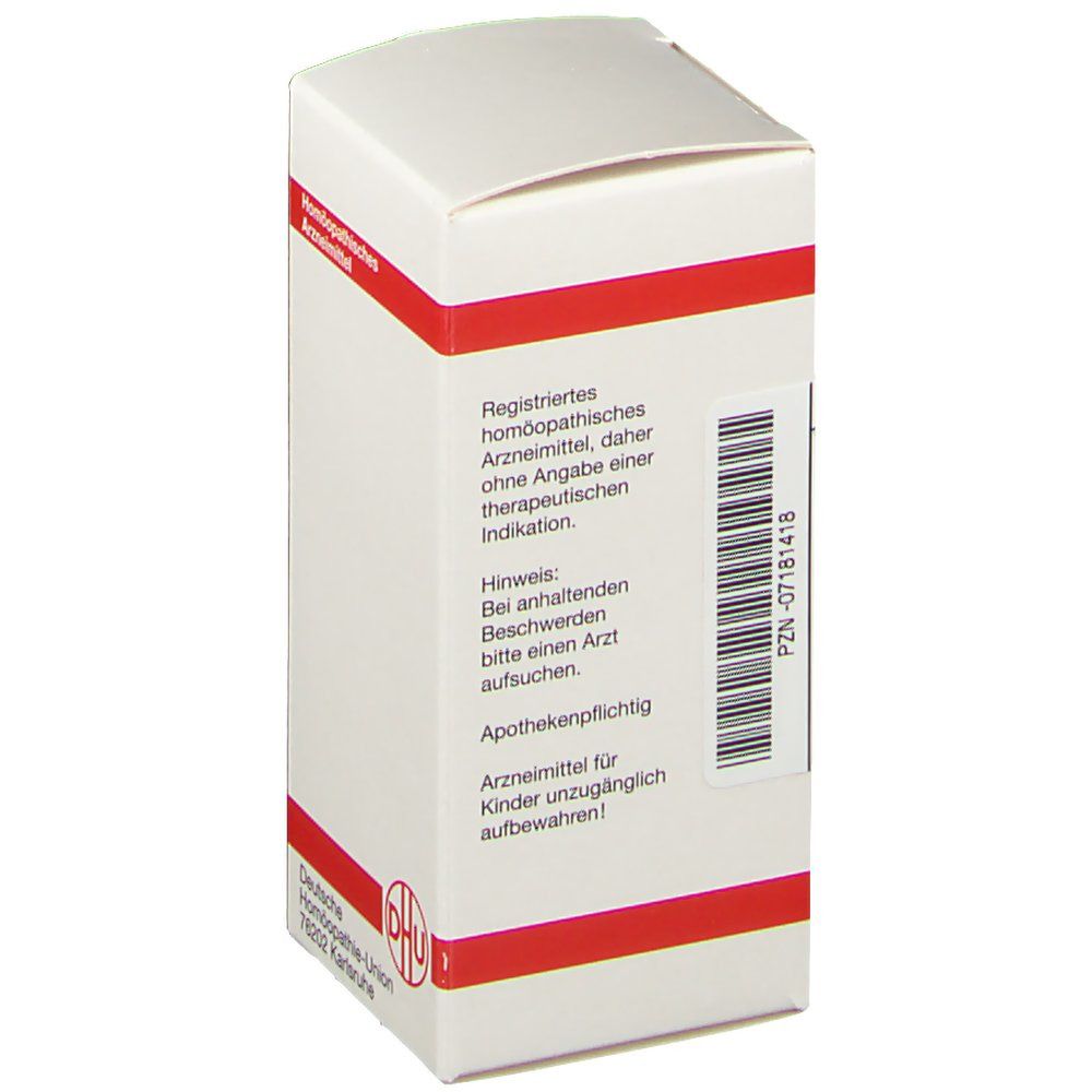 Weiße Schachtel mit rotem Streifen. Beschriftung: Registriertes homöopathisches Arzneimittel. DHU-Logo.