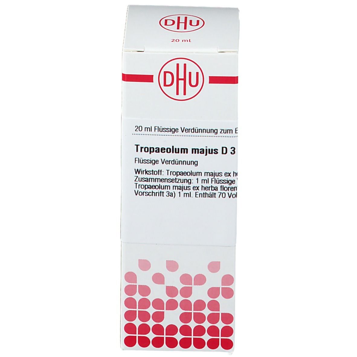 Weiße Schachtel mit DHU-Logo und Beschriftung: Tropaeolum majus D3, 20 ml.