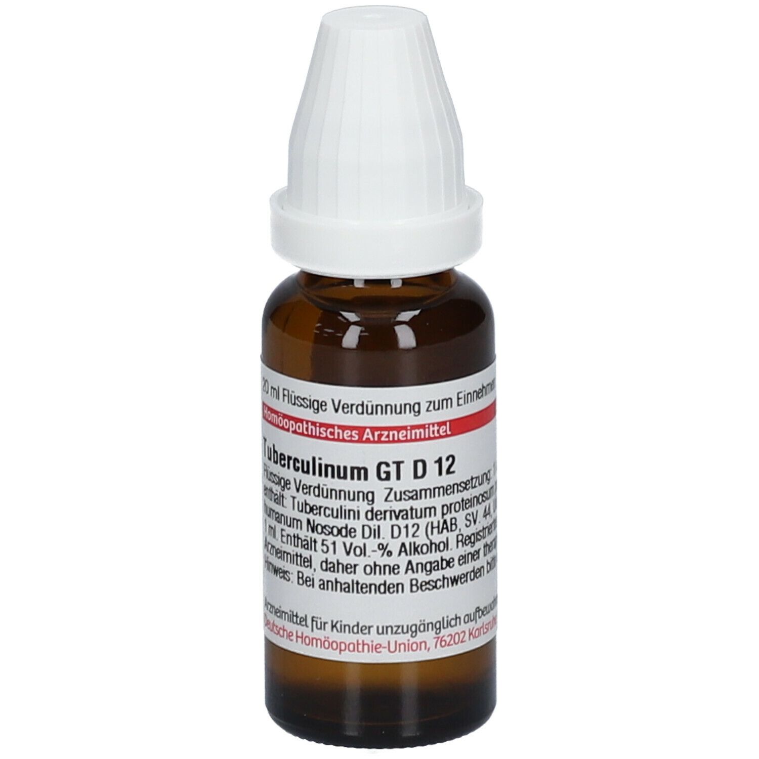Braune Glasflasche mit weißem Verschluss. Beschriftung: Tuberculinum GT D12, 20 ml Flüssige Verdünnung.