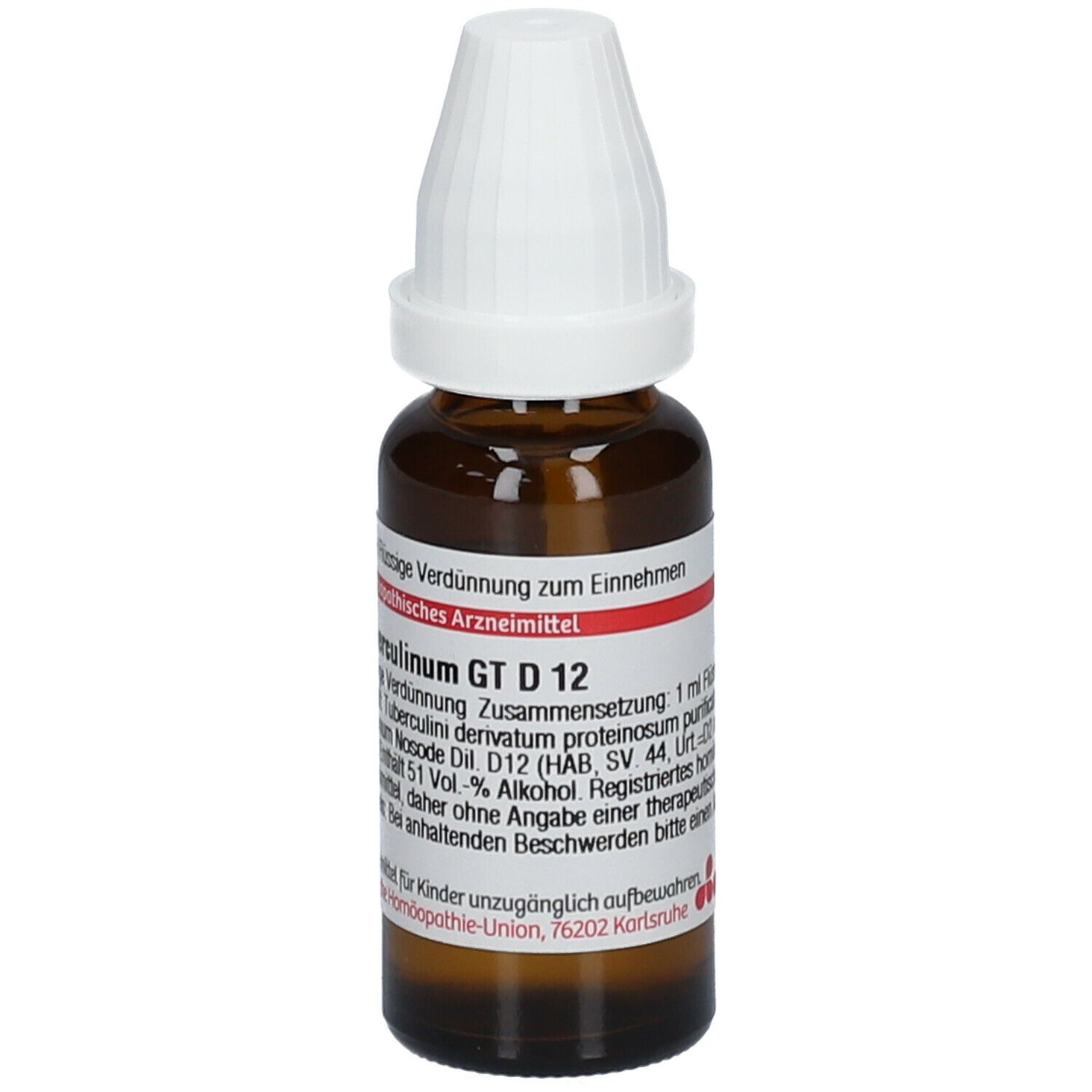 Braune Glasflasche mit weißem Verschluss. Beschriftung: Tuberculinum GT D12, 20 ml Flüssige Verdünnung.