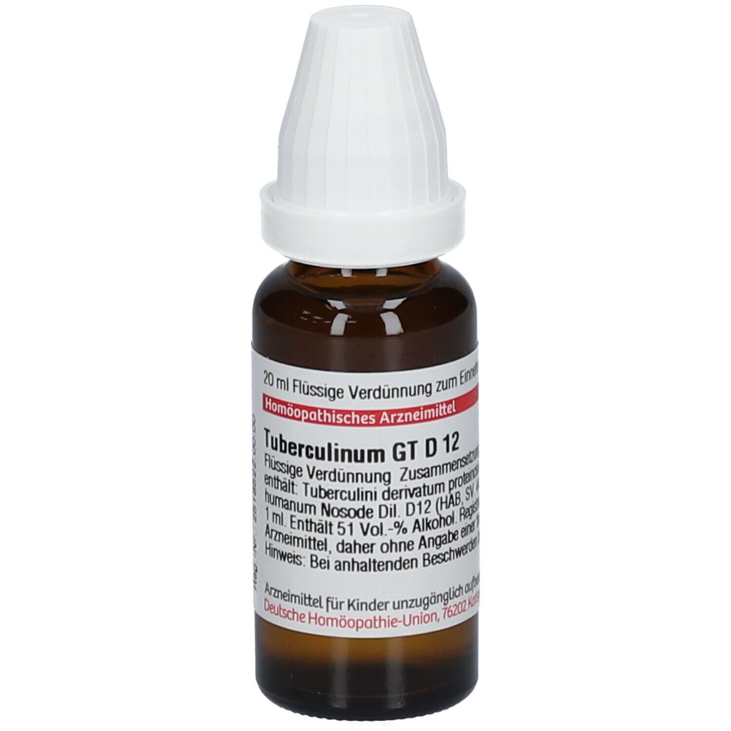 Braune Glasflasche mit weißem Verschluss. Beschriftung: Tuberculinum GT D12, 20 ml Flüssige Verdünnung.