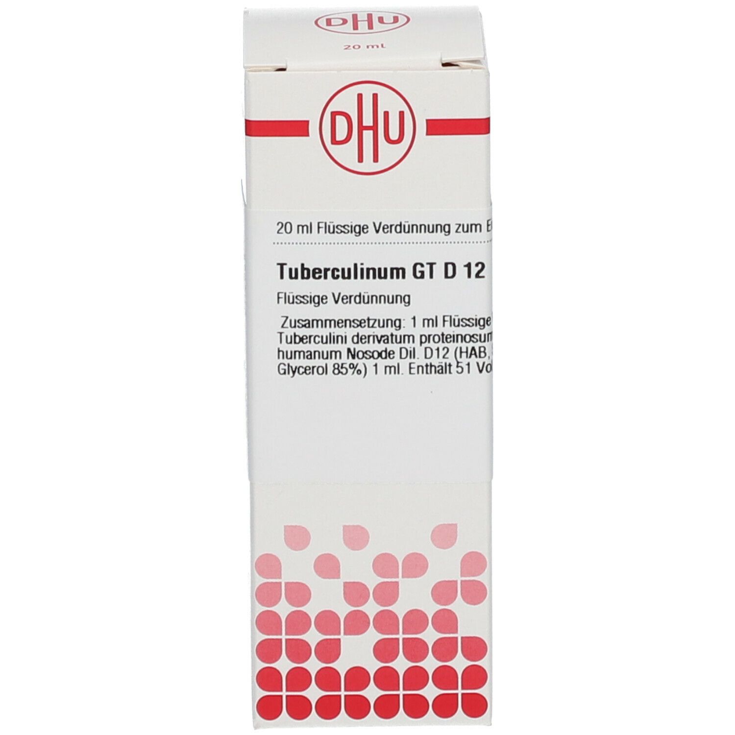 Weiße Produktverpackung mit DHU-Logo. Beschriftung: Tuberculinum GT D12, 20 ml Flüssige Verdünnung.