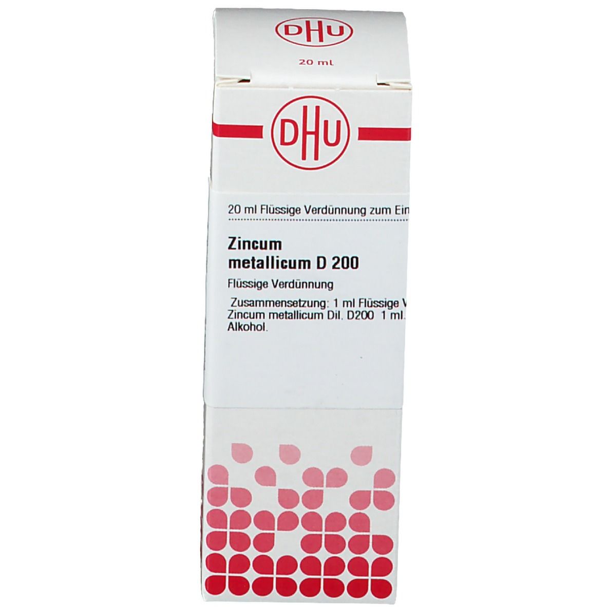 Produktverpackung. Beschriftung: DHU, Zincum metallicum D 200, 20 ml.