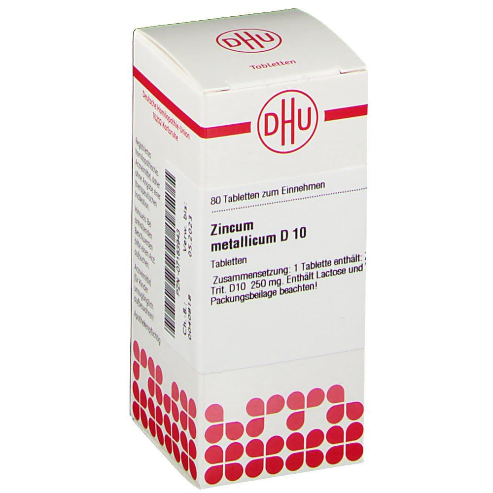 Weiße Schachtel mit rotem DHU-Logo und Text. Beschriftung: Zincum metallicum D 10 Tabletten. Enthält 80 Tabletten.