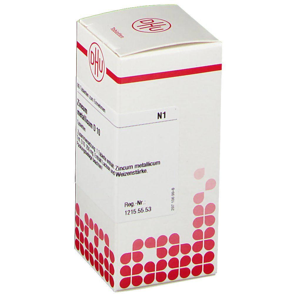 Weiße Schachtel mit rotem DHU-Logo und Text. Beschriftung: Zincum metallicum D 10 Tabletten. N1-Kennzeichnung.