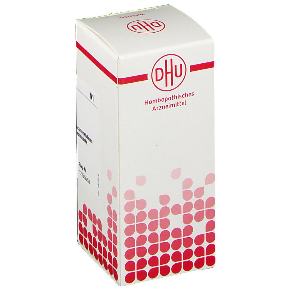 Weiße Schachtel mit rotem DHU-Logo und Text. Beschriftung: Homöopathisches Arzneimittel. Rote grafische Elemente.