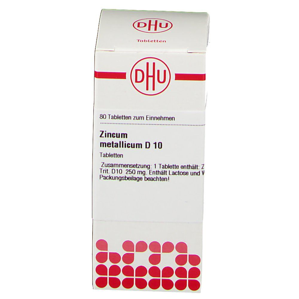 Weiße Schachtel mit rotem DHU-Logo und Text. Beschriftung: Zincum metallicum D 10 Tabletten. Enthält 80 Tabletten.