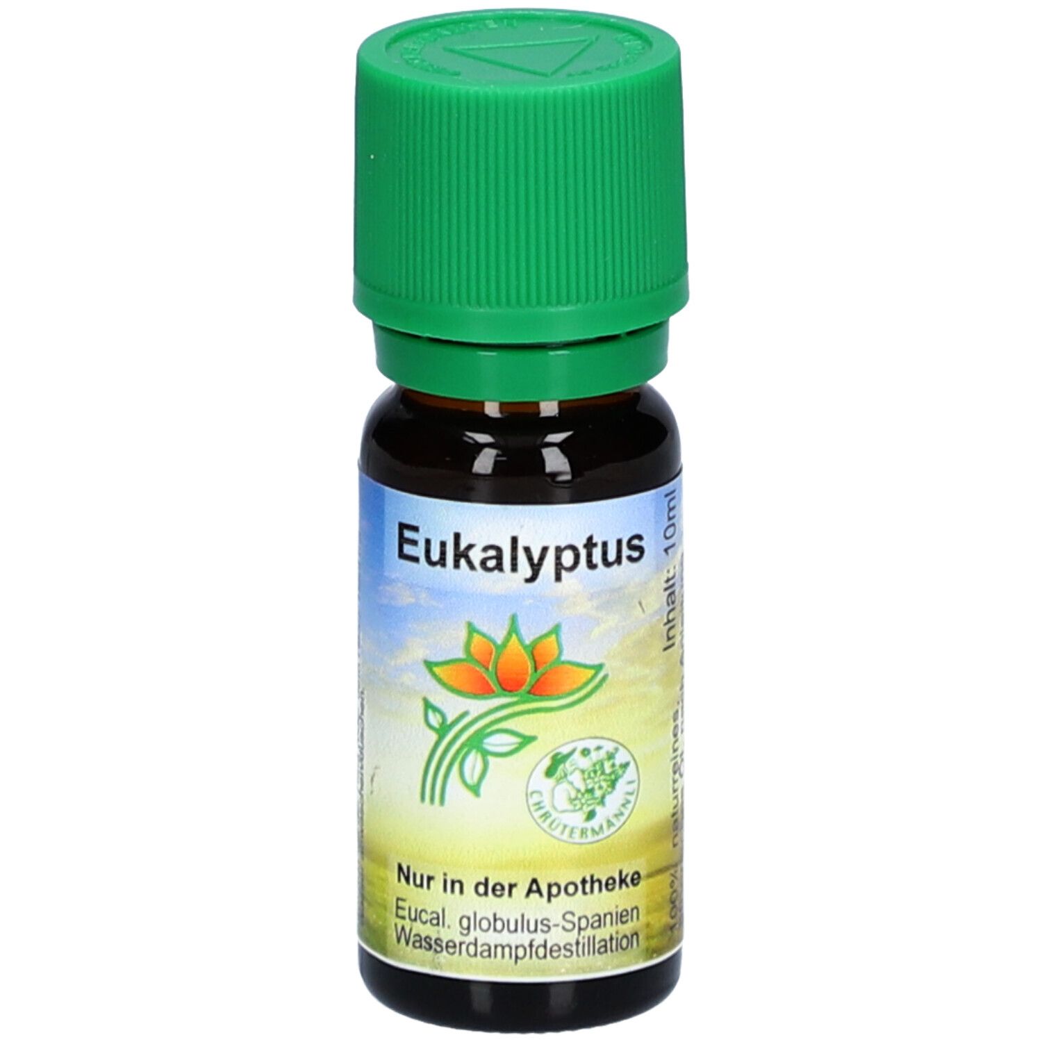 Braune Glasflasche mit grünem Deckel. Aufschrift: Eukalyptus. Etikett mit Logo und Text. Nur in der Apotheke.