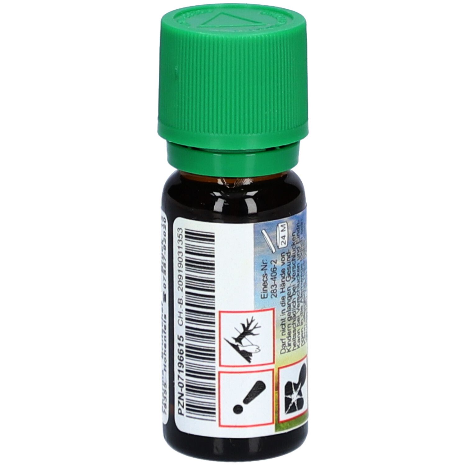 Braune Glasflasche mit grünem Deckel. Rückseite mit Text und Piktogrammen. PZN-07196615. Ennecs-Nr. 263-406-2.