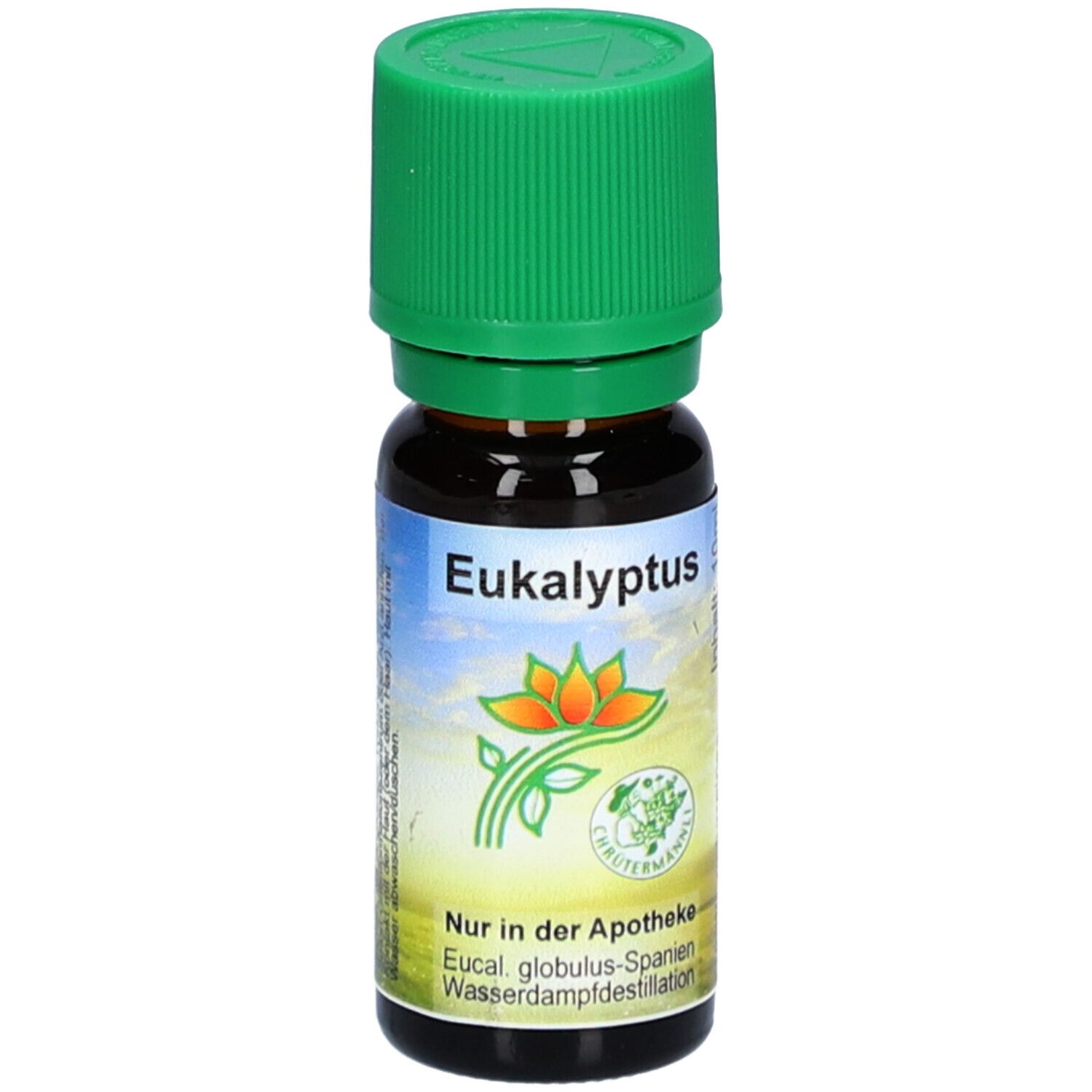 Braune Glasflasche mit grünem Deckel. Aufschrift: Eukalyptus. Etikett mit Logo und Text. Nur in der Apotheke.