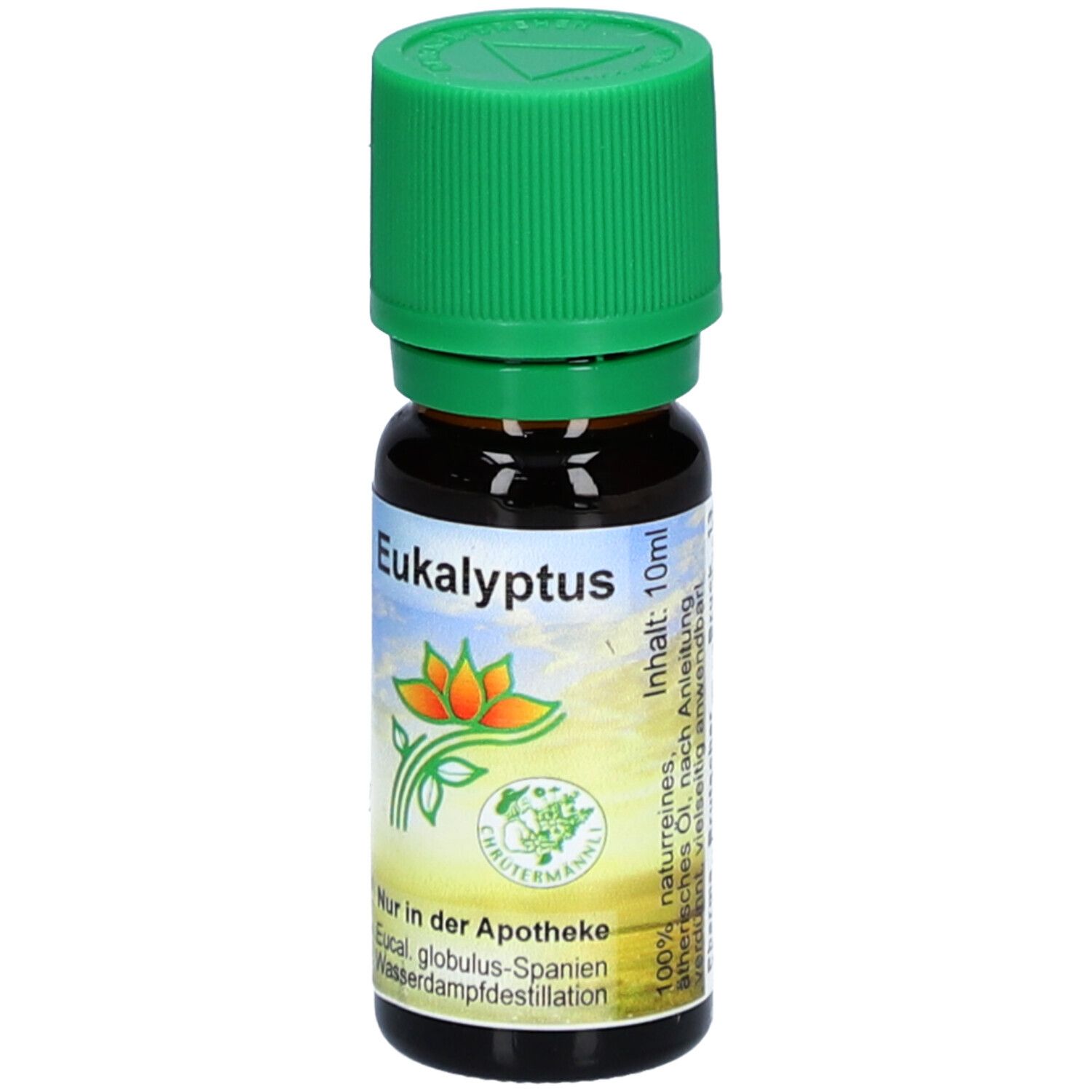 Braune Glasflasche mit grünem Deckel. Aufschrift: Eukalyptus. Etikett mit Logo und Text. Inhalt: 10ml. Nur in der Apotheke.