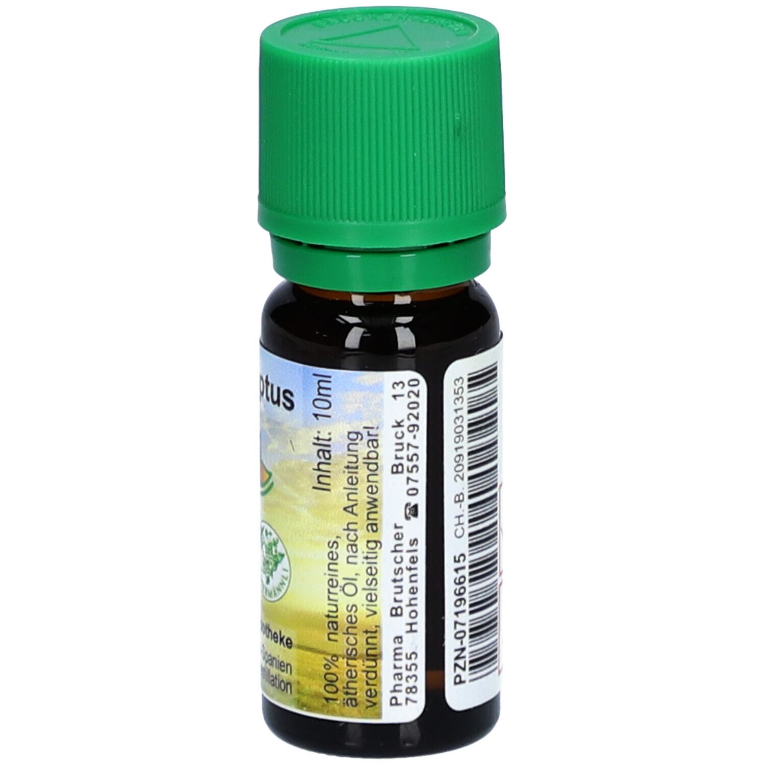 Braune Glasflasche mit grünem Deckel. Aufschrift: Eukalyptus. Etikett mit Logo und Text. Inhalt: 10ml. Apotheken-Informationen.