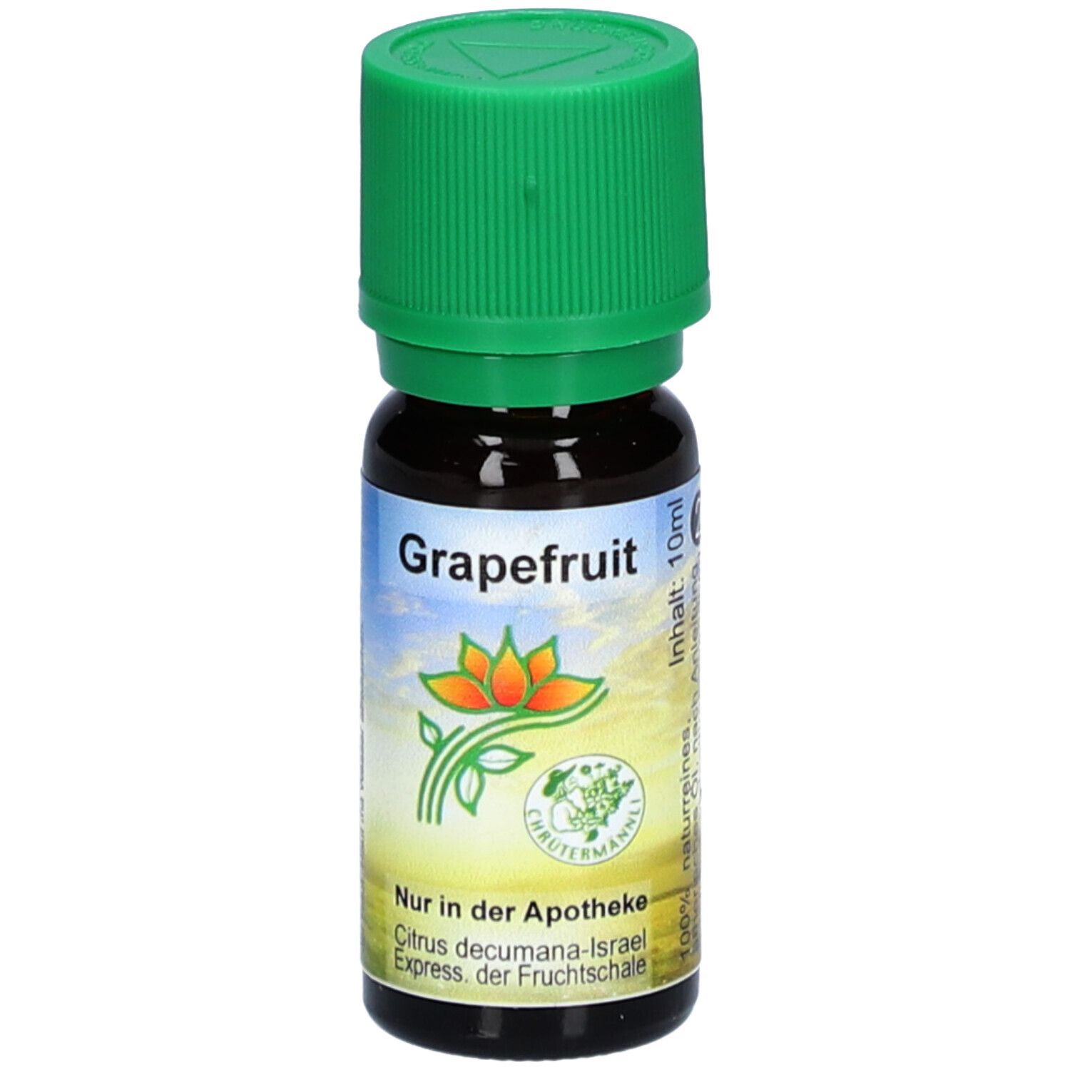 Braune Glasflasche mit grünem Deckel. Aufschrift "Grapefruit". Etikett mit Blüte und Text. "Nur in der Apotheke".