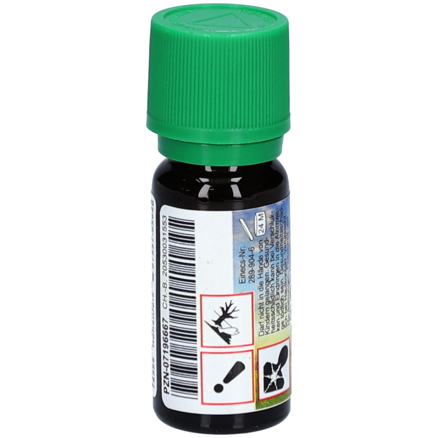 Braune Glasflasche mit grünem Deckel. Etikett mit Warnsymbolen und Text. PZN-07196667. EAN-Code. Text.