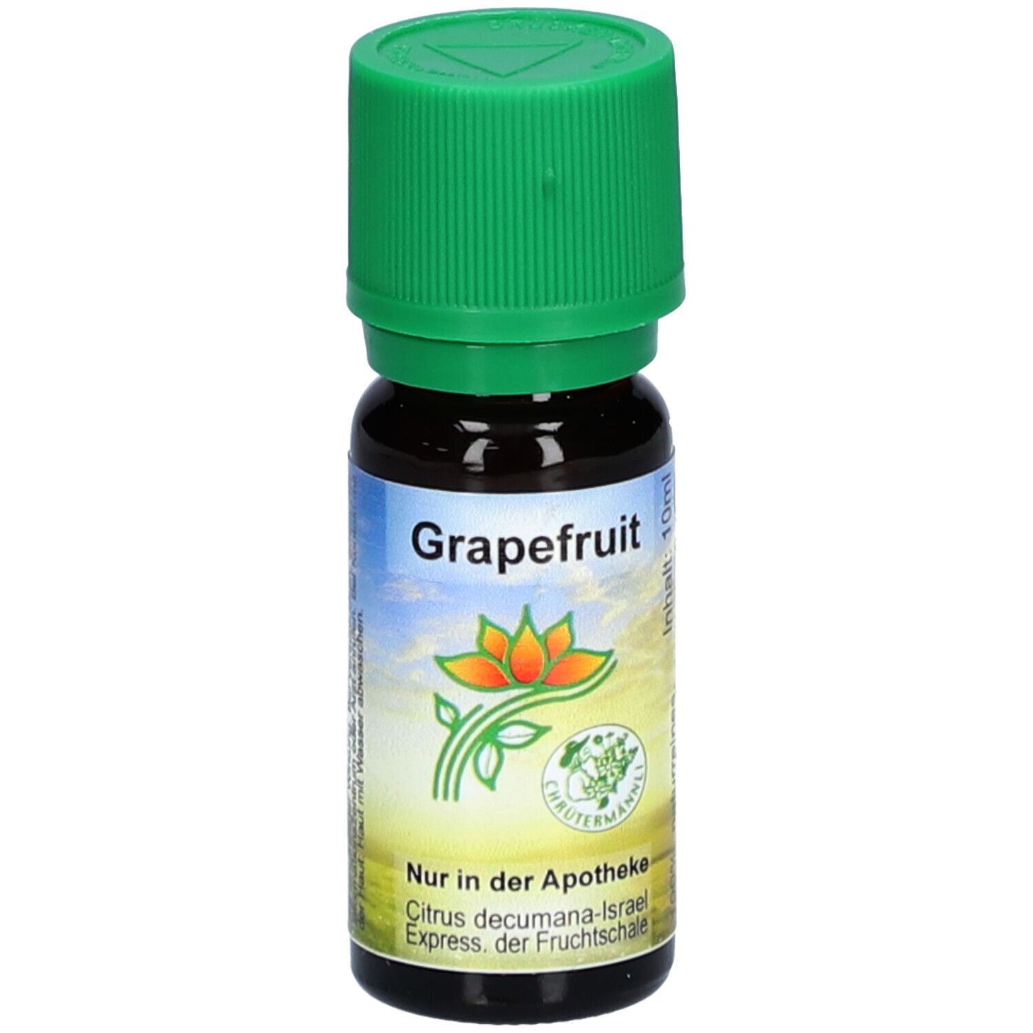 Braune Glasflasche mit grünem Deckel. Aufschrift "Grapefruit". Etikett mit Blüte und Text. "Nur in der Apotheke".