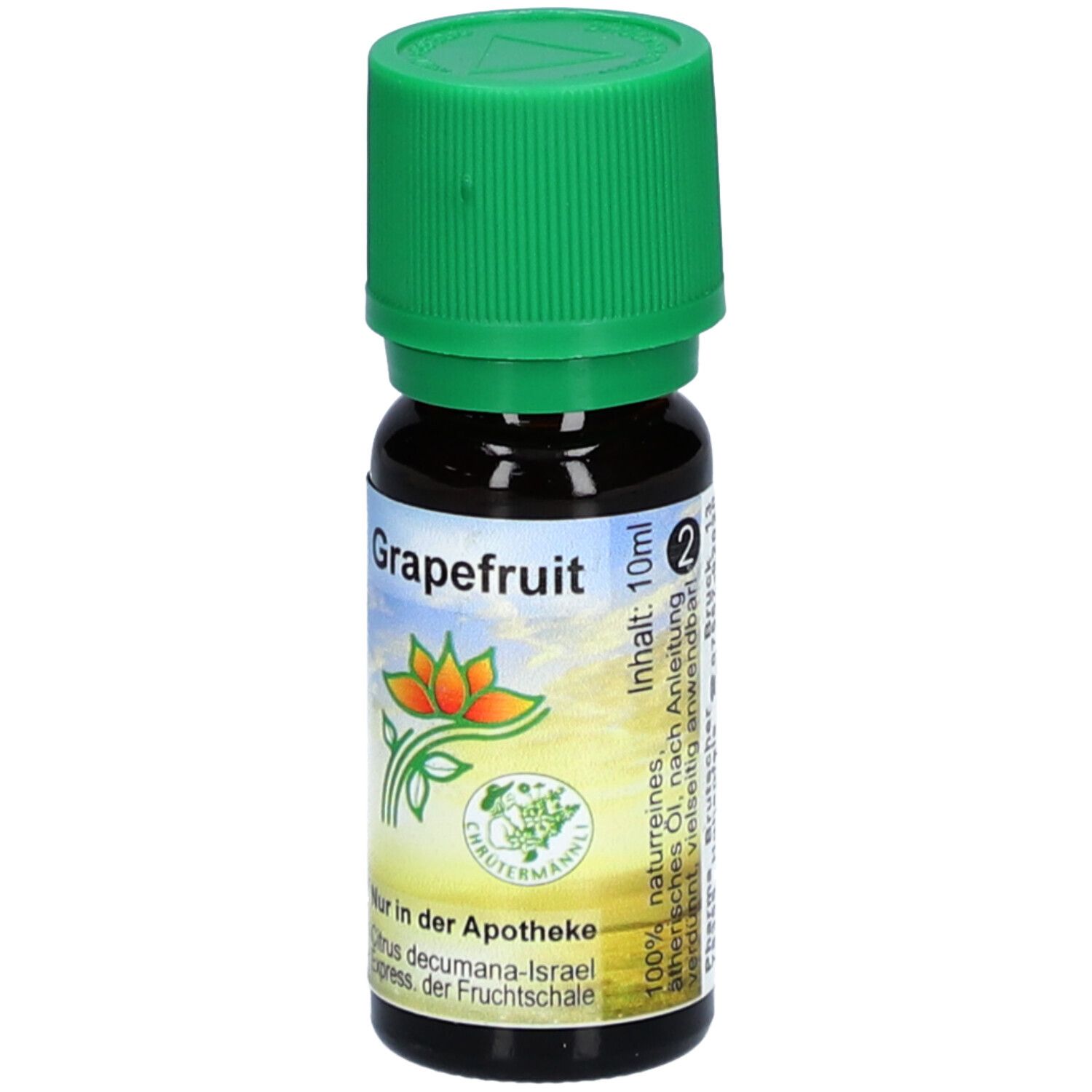 Braune Glasflasche mit grünem Deckel. Aufschrift "Grapefruit". Etikett mit Blüte und Text. Inhalt: 10ml. "Nur in der Apotheke".
