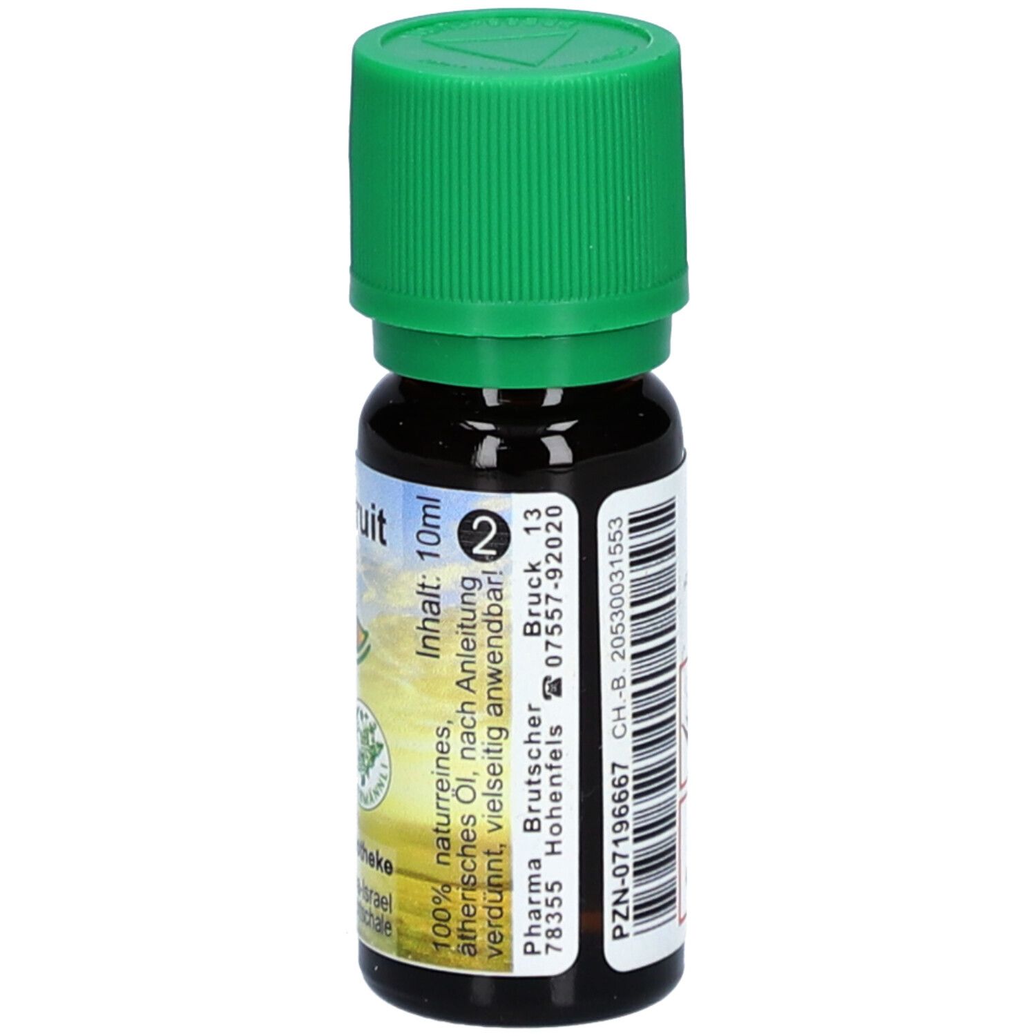 Braune Glasflasche mit grünem Deckel. Etikett mit Text und Logo. Inhalt: 10ml. Adresse: Pharma Brutscher. PZN-07196667.
