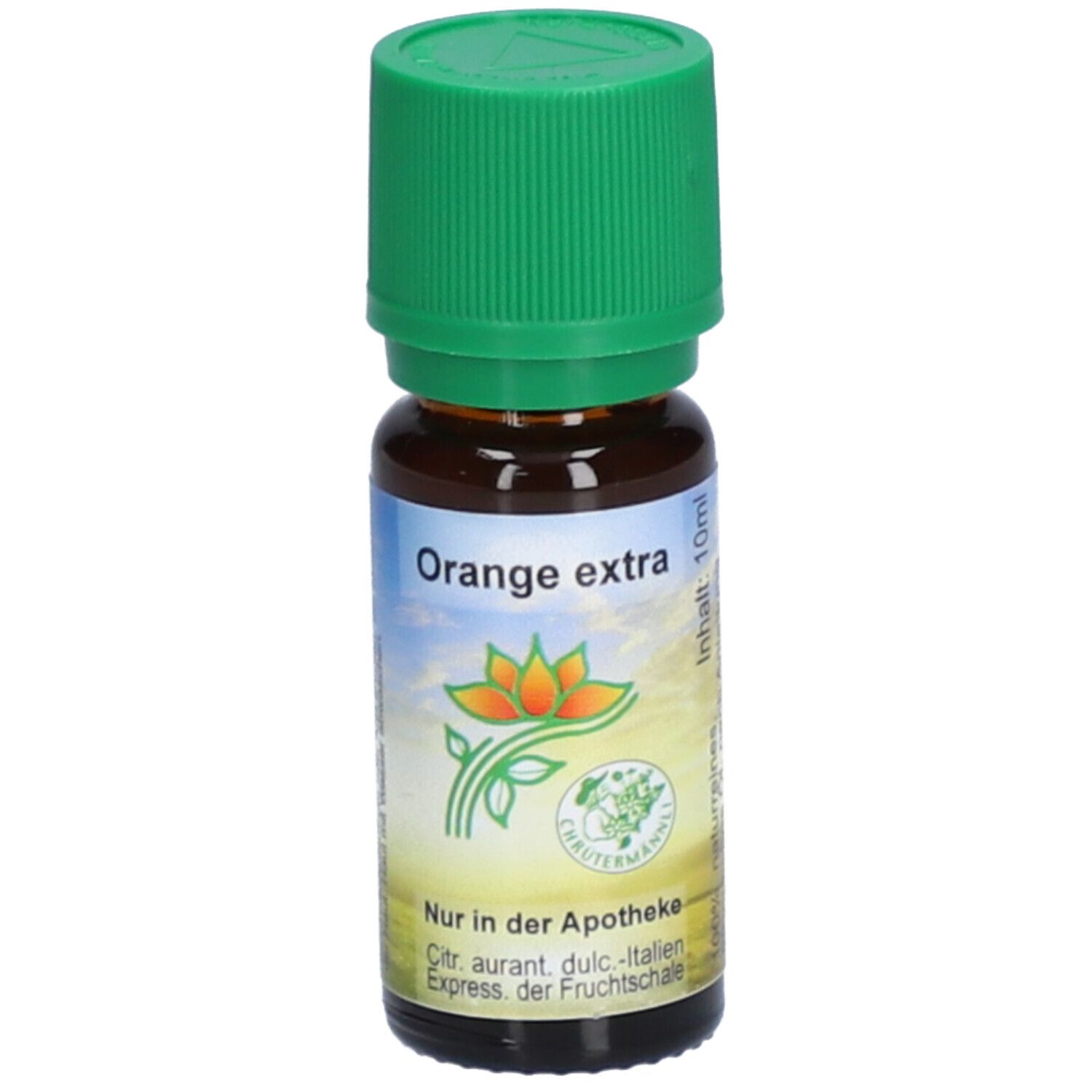 Braune Glasflasche mit grünem Deckel. Aufschrift "Orange extra". Logo mit Blüte. Nur in der Apotheke.