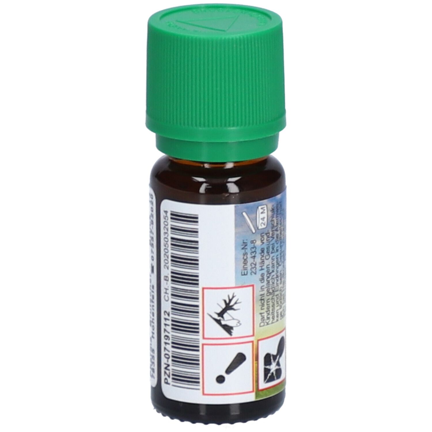 Braune Glasflasche mit grünem Deckel. Rückseite mit Text und Piktogrammen. PZN-07197112. Nur in der Apotheke.