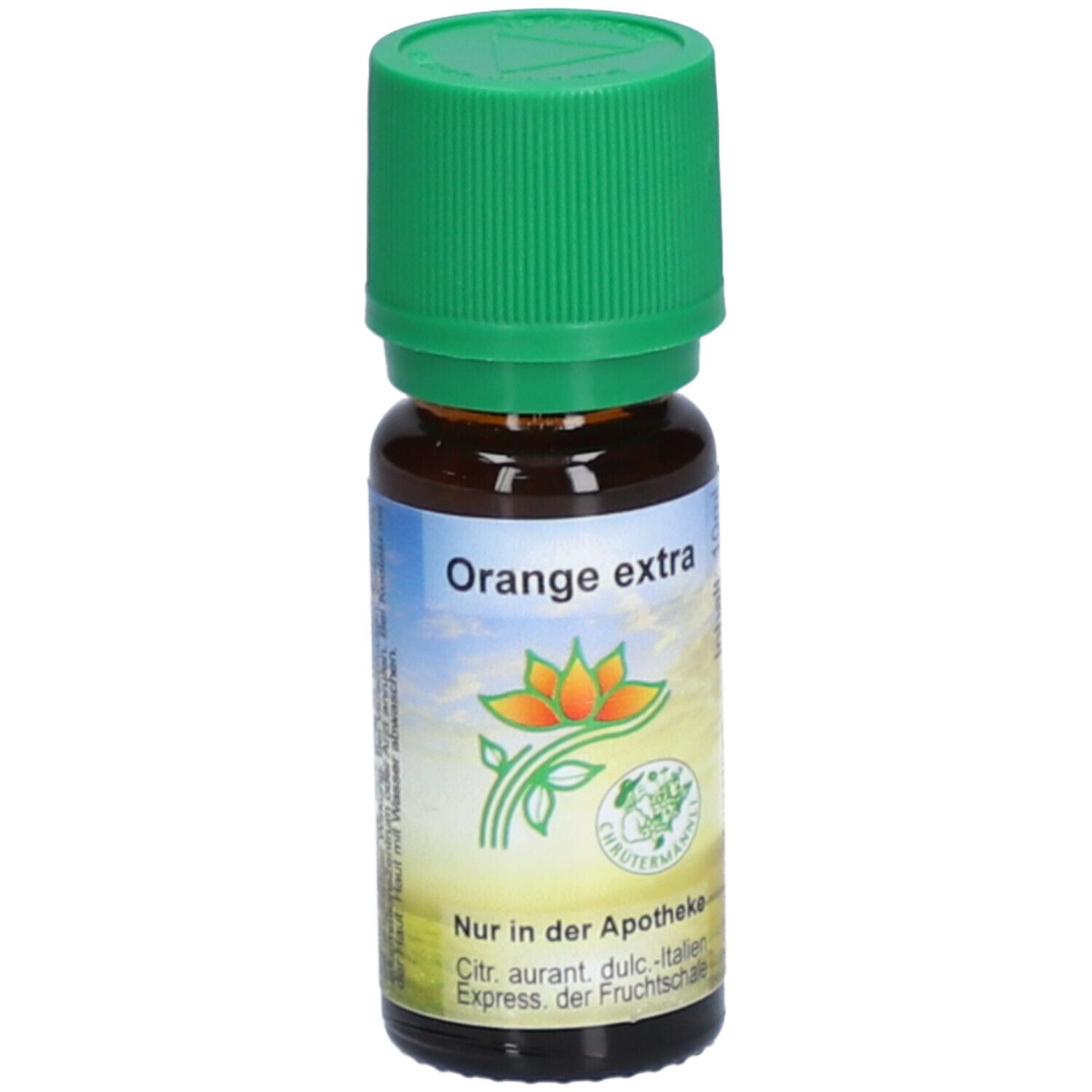 Braune Glasflasche mit grünem Deckel. Aufschrift "Orange extra". Logo mit Blüte. Nur in der Apotheke.